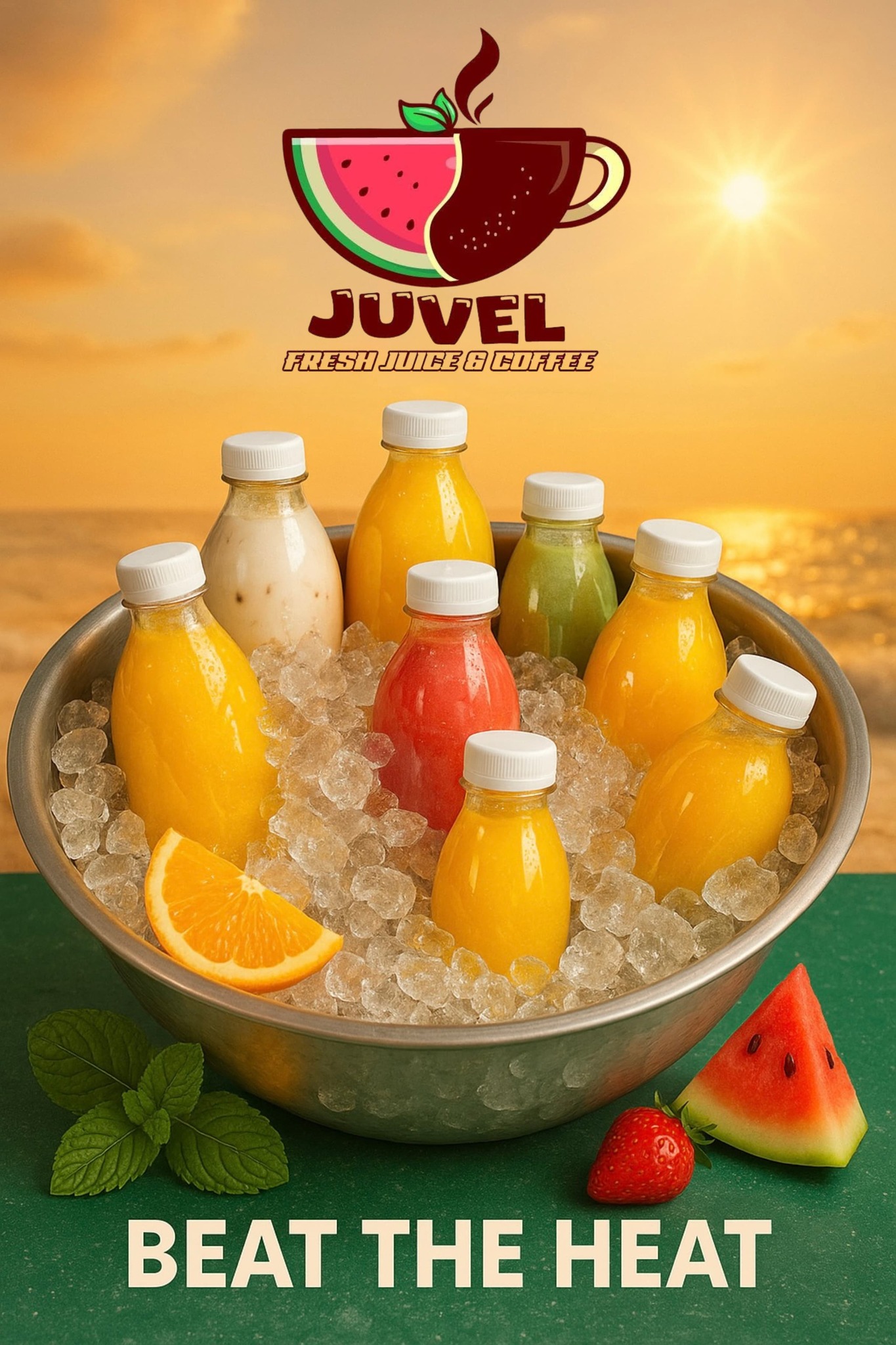 Bottled juices on ice